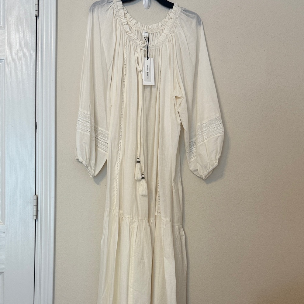 Boho Cream Peasant Maxi Dress with Tassel Tie